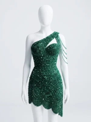 Emerald Hand Beaded One-Shoulder Cocktail Dress Emerald Hand Beaded One-Shoulder Cocktail Dress with Sequin Embellishments