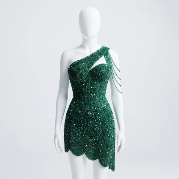 Emerald Hand Beaded One-Shoulder Cocktail Dress with Sequin Embellishments