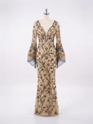 Floral Hand Beaded Couture Evening Gown Floral Hand Beaded Couture Evening Gown with Crystal Embellishments & Fringe Sleeves