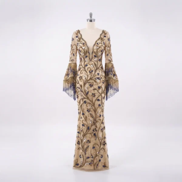 Floral Hand Beaded Couture Evening Gown Floral Hand Beaded Couture Evening Gown with Crystal Embellishments & Fringe Sleeves