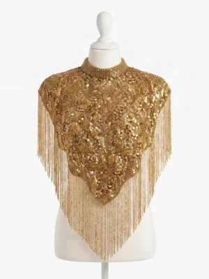 Gold Hand Beaded Fringe Poncho Gold Hand Beaded Fringe Poncho with Sequin Embroidery