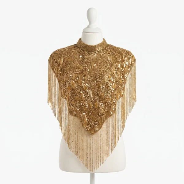 Gold Hand Beaded Fringe Poncho with Sequin Embroidery