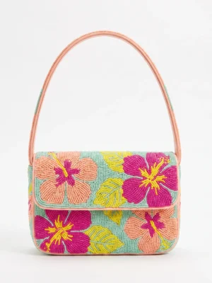 Pastel hand beaded shoulder bag with pink and coral hibiscus floral motifs