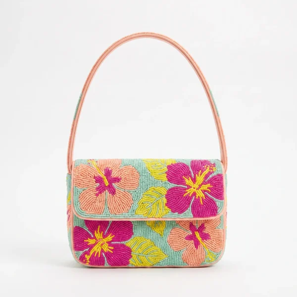 Hand Beaded Shoulder Bag with Tropical Hibiscus Floral Design Pastel hand beaded shoulder bag with pink and coral hibiscus floral motifs
