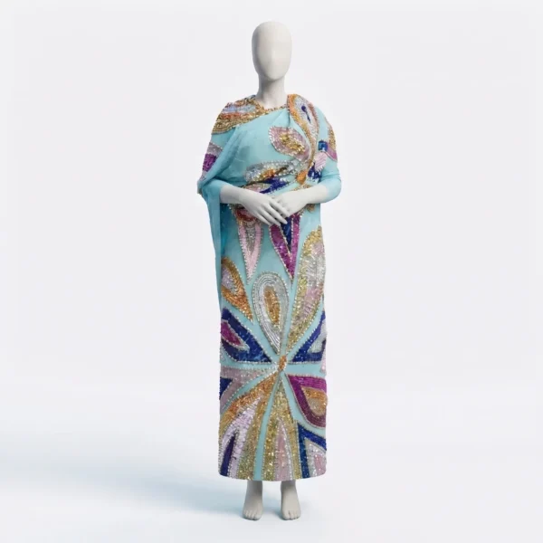Hand Beaded Sudanese Toub Dress with Multicolor Sequin Embellishments Hand Beaded Sudanese Toub Dress with Multicolor Sequin Embellishments