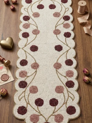 Ivory Burgundy Floral Hand Beaded Table Runner Ivory hand beaded table runner with burgundy and dusty rose flowers and gold vines