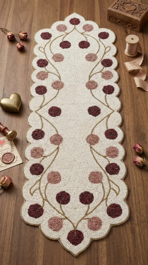 Ivory Burgundy Floral Hand Beaded Table Runner Ivory hand beaded table runner with burgundy and dusty rose flowers and gold vines