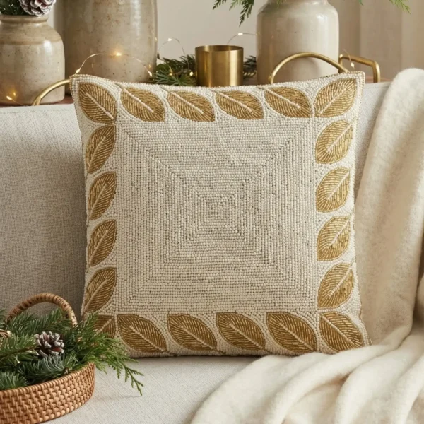 Ivory & Gold Leaf Hand Beaded Pillow Ivory hand beaded pillow with gold leaf border design