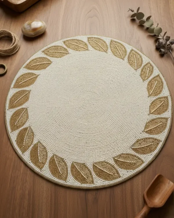 Ivory & Gold Leaf Hand Beaded Placemat Ivory and gold hand beaded placemat with leaf border