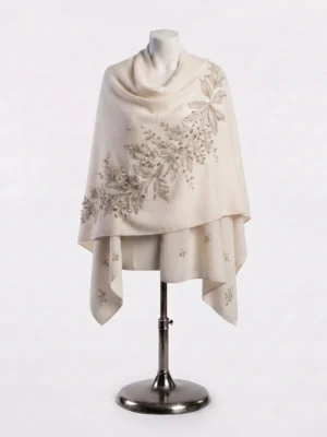 Ivory Hand Beaded Floral Embroidered Luxury Shawl Wrap with Pearl Embellishments