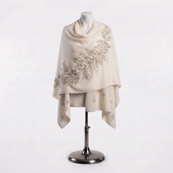 Ivory Hand Beaded Floral Embroidered Luxury Shawl Wrap with Pearl Embellishments