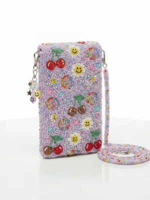 Lilac Hand Beaded Phone Bag with Colorful Motifs & Beaded Strap Lilac hand beaded phone bag with colorful cherry, daisy and smiley motifs