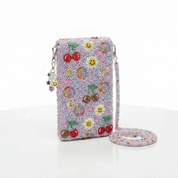 Lilac Hand Beaded Phone Bag with Colorful Motifs & Beaded Strap Lilac hand beaded phone bag with colorful cherry, daisy and smiley motifs
