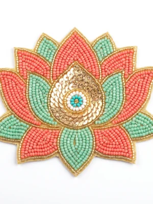 Lotus Flower Hand Beaded Patch Lotus flower hand beaded patch with coral and mint green seed beads, gold sequins, metallic bugle beads and turquoise center detailing.