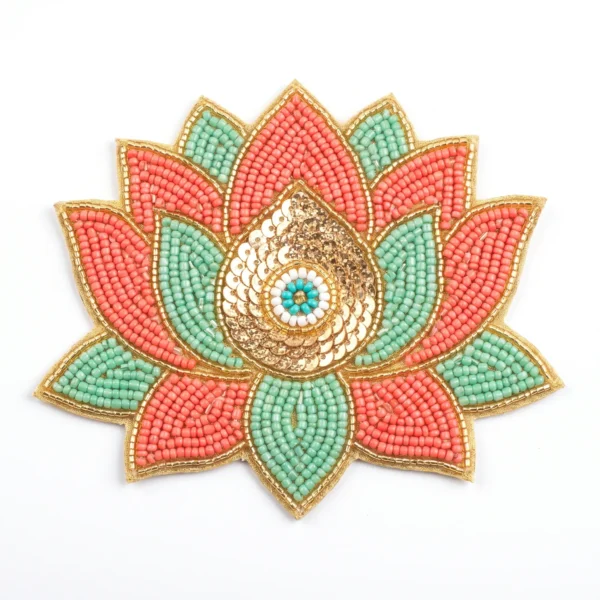 Lotus Flower Hand Beaded Patch Lotus flower hand beaded patch with coral and mint green seed beads, gold sequins, metallic bugle beads and turquoise center detailing.