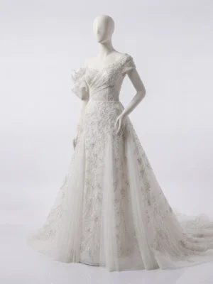 Luxury Hand Beaded Off-Shoulder Wedding Dress with Cathedral Train Luxury Custom Hand Beaded Wedding Dress Manufacturer & Exporter