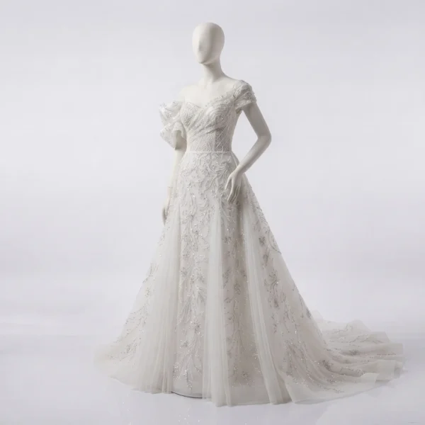 Luxury Hand Beaded Off-Shoulder Wedding Dress with Cathedral Train Luxury Custom Hand Beaded Wedding Dress Manufacturer & Exporter