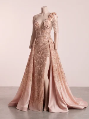 Luxury One Shoulder Beaded Prom Dress with High Slit & 3D Floral Embellishments Luxury One Shoulder Beaded Prom Dress Manufacturer & Exporter