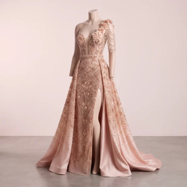 Luxury One Shoulder Beaded Prom Dress with High Slit & 3D Floral Embellishments Luxury One Shoulder Beaded Prom Dress Manufacturer & Exporter