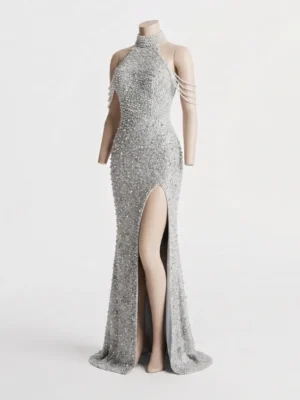 Luxury Pearl Embellished Halter Neck Prom Dress with High Slit Luxury Custom Pearl Beaded Prom Dress Manufacturer & Exporter
