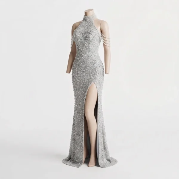 Luxury Pearl Embellished Halter Neck Prom Dress with High Slit Luxury Custom Pearl Beaded Prom Dress Manufacturer & Exporter