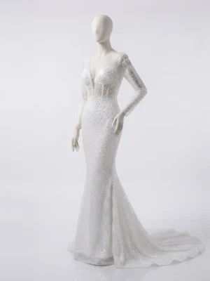 Luxury Pearl Embellished Mermaid Wedding Dress with Long Sleeves Luxury Custom Pearl Embellished Wedding Dress Manufacturer & Exporter