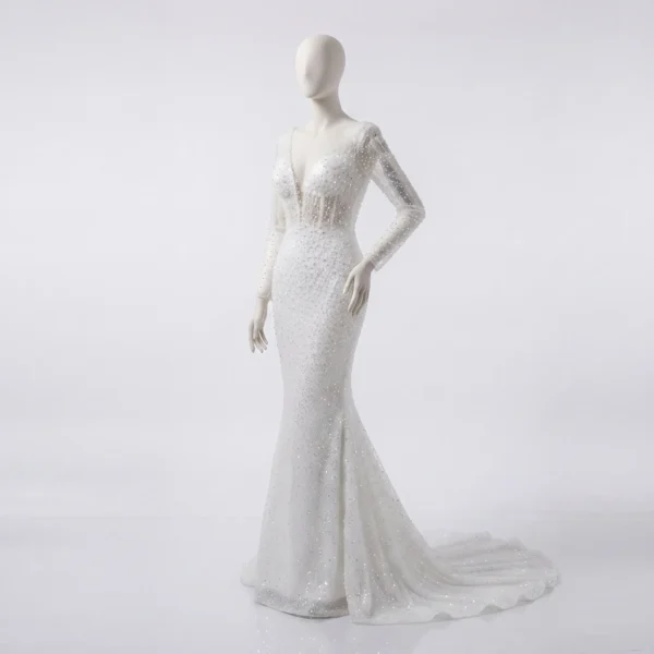 Luxury Pearl Embellished Mermaid Wedding Dress with Long Sleeves Luxury Custom Pearl Embellished Wedding Dress Manufacturer & Exporter
