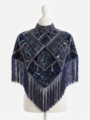 Midnight Blue Art Deco Hand Beaded Fringe Poncho Midnight Blue Art Deco Hand Beaded Fringe Poncho with Peacock Motif