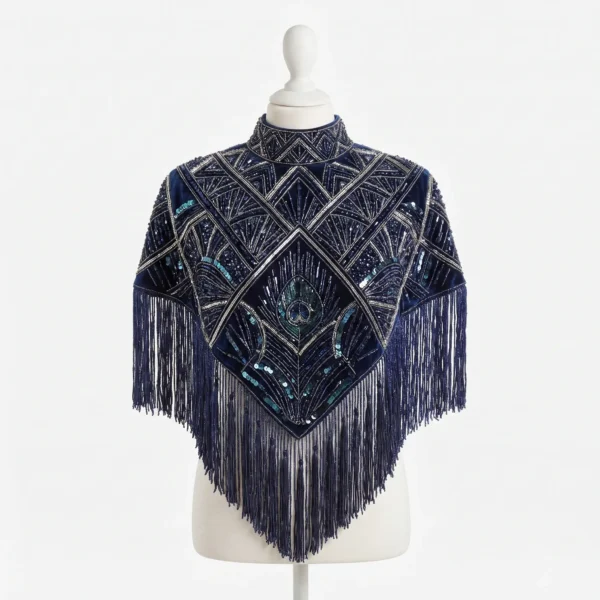 Midnight Blue Art Deco Hand Beaded Fringe Poncho Midnight Blue Art Deco Hand Beaded Fringe Poncho with Peacock Motif