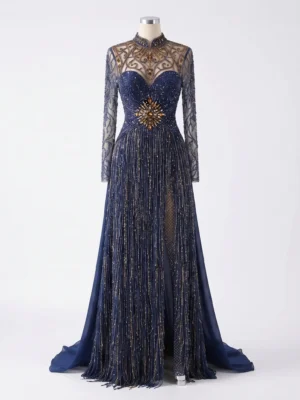 Midnight Blue Hand Beaded Evening Gown Midnight Blue Hand Beaded Evening Gown with Crystal Fringe Embellishments