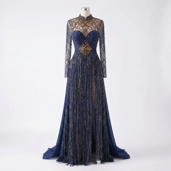 Midnight Blue Hand Beaded Evening Gown Midnight Blue Hand Beaded Evening Gown with Crystal Fringe Embellishments