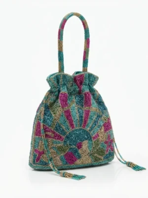 Multicolor Geometric Hand Beaded Drawstring Bag with Beaded Handles Multicolor hand beaded drawstring bag with geometric pattern and beaded handles