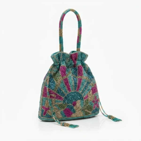 Multicolor Geometric Hand Beaded Drawstring Bag with Beaded Handles Multicolor hand beaded drawstring bag with geometric pattern and beaded handles