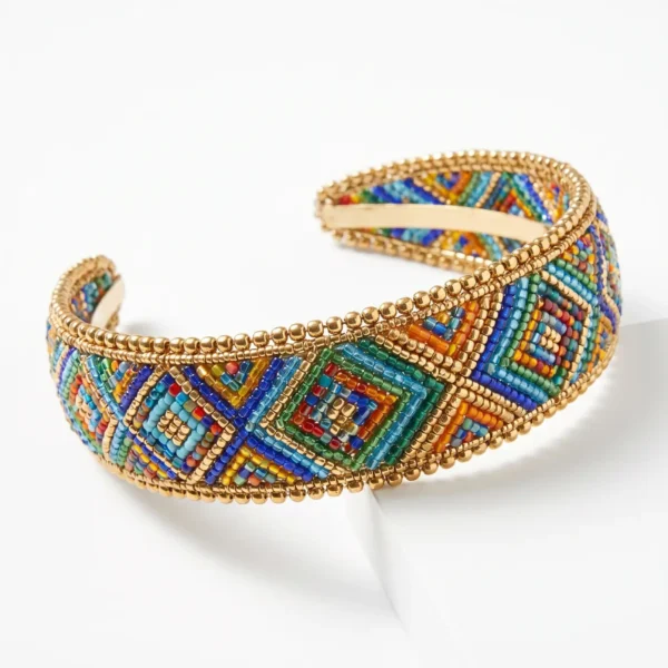 Multicolor Geometric Hand Beaded Headband Multicolor hand beaded headband with geometric seed bead patterns and metallic gold bead detailing.