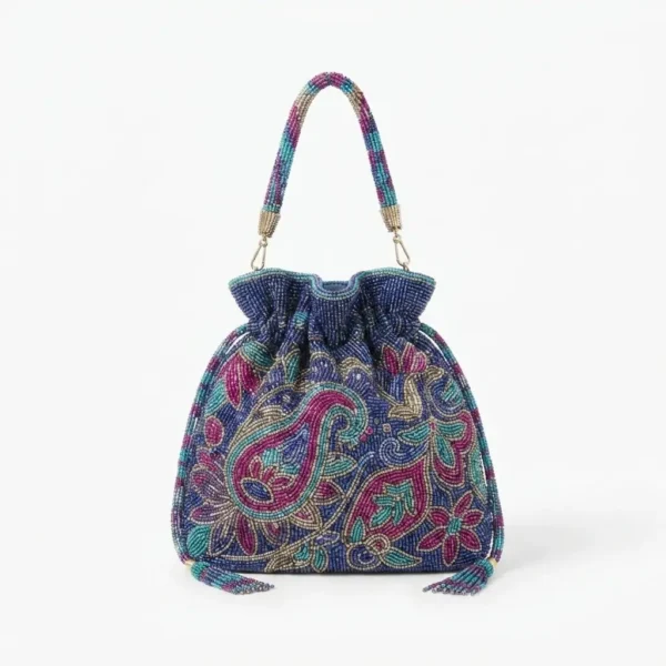 Multicolor Paisley Hand Beaded Drawstring Bag with Beaded Handle Multicolor paisley hand beaded drawstring bag with beaded handle