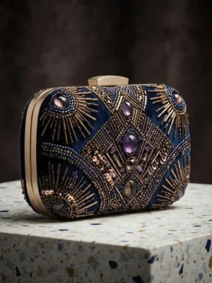 Navy blue Art Deco hand beaded clutch bag with jewel embellishments