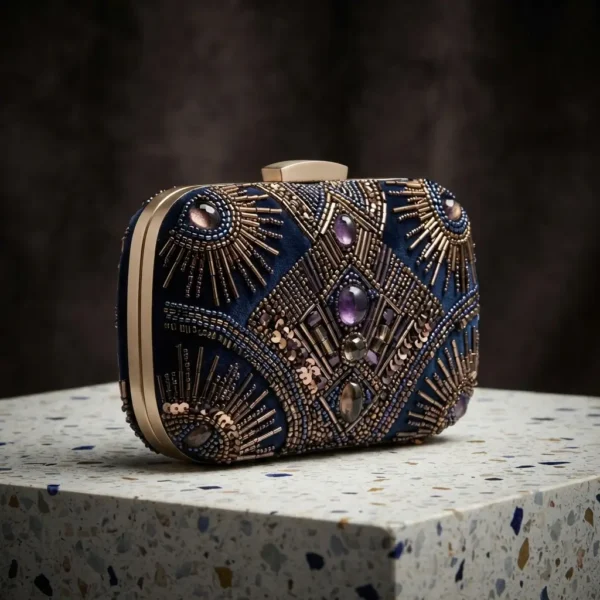 Navy Blue Art Deco Hand Beaded Clutch Bag with Jewel Embellishments Navy blue Art Deco hand beaded clutch bag with jewel embellishments