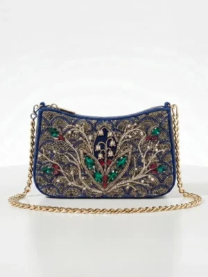 Navy Blue Hand Beaded Crossbody Bag with Chain Strap Navy blue hand beaded crossbody bag with green embellishments and gold chain strap