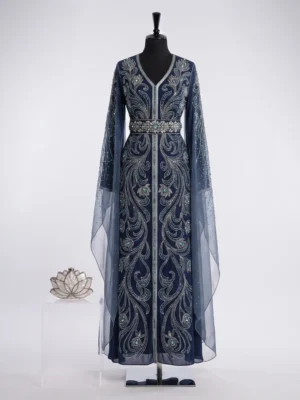 Navy Blue Hand Beaded Kaftan Dress with Crystal Embroidery & Cape Sleeves