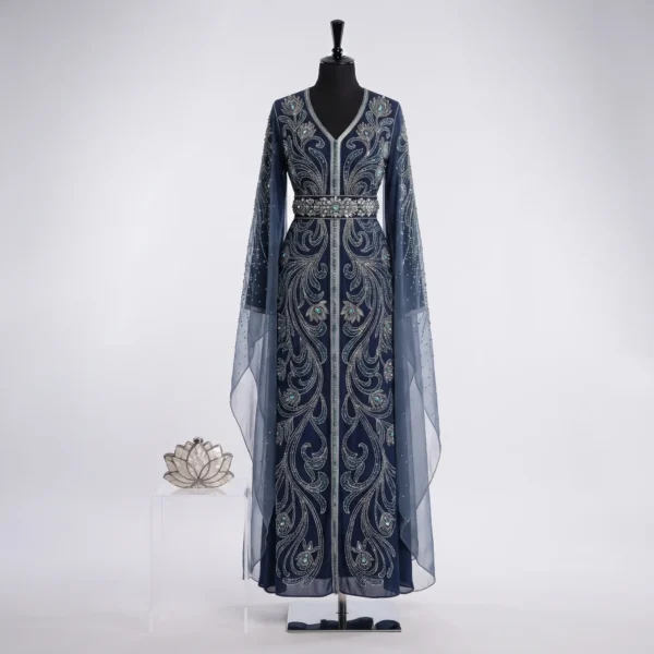 Navy Blue Hand Beaded Kaftan Dress with Crystal Embroidery & Cape Sleeves Navy Blue Hand Beaded Kaftan Dress with Crystal Embroidery & Cape Sleeves