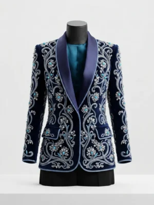 Navy Blue Hand Embroidered Beaded Jacket Navy Blue Hand Embroidered Beaded Jacket with Crystal Floral Motifs