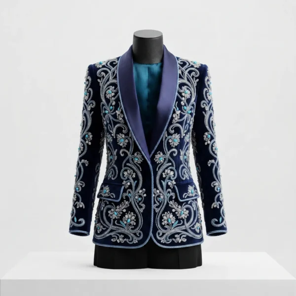 Navy Blue Hand Embroidered Beaded Jacket Navy Blue Hand Embroidered Beaded Jacket with Crystal Floral Motifs