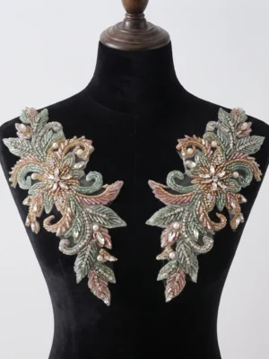 Pastel floral hand beaded applique pair with pearls, crystals and intricate leaf embroidery for dresses and couture garments.