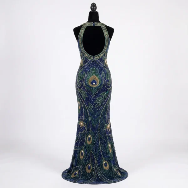 Navy blue peacock hand beaded back gown panel with green and gold feather motifs, open-back design and intricate couture beadwork.