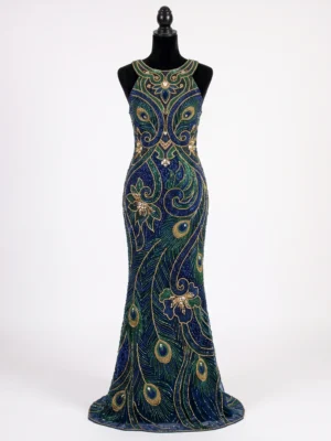 Peacock Feather Hand Beaded Front Gown Panel Navy blue peacock hand beaded front gown panel with green and gold feather motifs, floral beadwork and crystal embellishments for couture dresses.