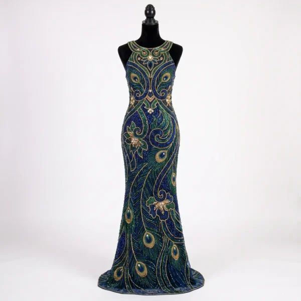Navy blue peacock hand beaded front gown panel with green and gold feather motifs, floral beadwork and crystal embellishments for couture dresses.