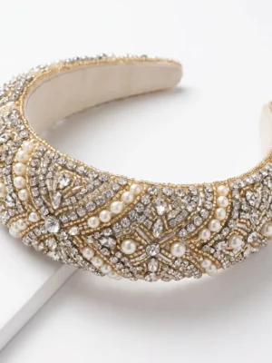 Pearl & Crystal Luxury Hand Beaded Headband Luxury hand beaded headband embellished with white pearls, clear crystals, rhinestones and gold beadwork.