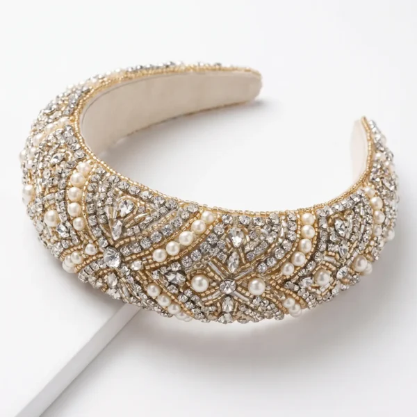 Pearl & Crystal Luxury Hand Beaded Headband Luxury hand beaded headband embellished with white pearls, clear crystals, rhinestones and gold beadwork.