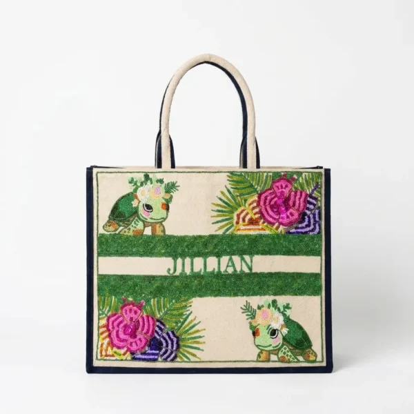 Personalized Hand Beaded Turtle & Floral Tote Bag Personalized hand beaded turtle and floral tote bag with custom name lettering