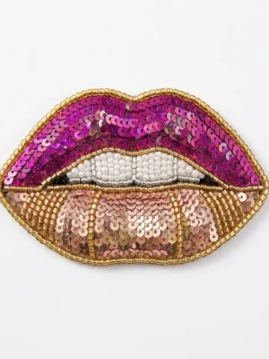 Pink Lips Sequin & Hand Beaded Patch Pink lips sequin and hand beaded patch with fuchsia sequins, rose gold detailing, pearl white teeth and metallic gold bead border.